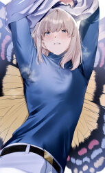 Rule 34 | 1boy, arms up, belt, black belt, black wings, blonde hair, blue eyes, blue jeans, blue pants, blue shirt, blue undershirt, blue wings, blush, buckle, butterfly wings, clothes lift, commentary request, cowboy shot, denim, fate/grand order, fate (series), heavy breathing, highres, insect wings, jeans, layered sleeves, light blue pants, long sleeves, looking at viewer, male focus, medium hair, multicolored wings, oberon (fate), pants, parted lips, pulling shirt, red wings, sausu hitori, shirt, shirt lift, short over long sleeves, short sleeves, solo, steam, steaming body, sweat, tagme, teeth, turtleneck, turtleneck shirt, undershirt, wings, yellow wings