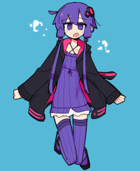Rule 34 | 1girl, ahoge, anklet, black hoodie, blue background, blush, breath, criss-cross halter, dress, full body, furrowed brow, fusazakura, hair ornament, half-closed eyes, halter dress, halterneck, highres, hood, hood down, hoodie, jewelry, legs up, long sleeves, midair, open clothes, open hoodie, open mouth, purple dress, purple eyes, purple hair, purple thighhighs, raised eyebrows, short hair with long locks, simple background, slippers, solo, striped clothes, striped dress, striped thighhighs, sweat, thighhighs, vertical-striped clothes, vertical-striped dress, vertical-striped thighhighs, vocaloid, voiceroid, yuzuki yukari, zettai ryouiki