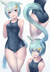 Rule 34 | 1girl, alternate costume, animal ears, armpits, blue eyes, blue one-piece swimsuit, breasts, commentary request, cowboy shot, ear covers, gluteal fold, grey hair, hair ornament, hairclip, highres, horse ears, horse girl, horse tail, looking at viewer, multiple views, one-piece swimsuit, saikuu, seiun sky (umamusume), short hair, simple background, single ear cover, small breasts, smile, swimsuit, tail, thighhighs, thighs, umamusume, white background, white thighhighs