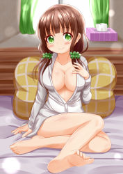 Rule 34 | 1girl, bad feet, bare legs, barefoot, bed, blunt bangs, blush stickers, breasts, brown hair, cleavage, closed mouth, collarbone, commentary request, curtains, cushion, day, full body, gochuumon wa usagi desu ka?, green eyes, hair ornament, hair scrunchie, hand on own chest, highres, indoors, large breasts, long hair, long sleeves, looking at viewer, low twintails, naked shirt, on bed, partially unbuttoned, scrunchie, shirt, sitting, smile, solo, sunlight, tissue box, twintails, ujimatsu chiya, xenon (for achieve)