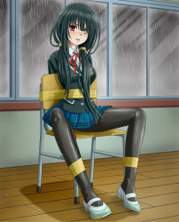 Rule 34 | 1girl, angry, arms behind back, bdsm, black hair, black jacket, black pantyhose, blue skirt, blush, bondage, bound, breast pocket, breasts, buttons, chair, clock eyes, collared shirt, commission, date a live, female focus, full body, hair tie, heterochromia, highres, indoors, jacket, long hair, long sleeves, looking at viewer, medium breasts, miniskirt, neck ribbon, nose blush, on chair, open mouth, pantyhose, pixiv commission, pleated skirt, pocket, rain, red eyes, red ribbon, ribbon, school chair, school uniform, shiny clothes, shirt, shoes, sidelocks, sitting, skirt, solo, symbol-shaped pupils, tape, tied to chair, tokisaki kurumi, v-shaped eyebrows, verdun (berudan), white footwear, white shirt, window, wooden floor, yellow eyes