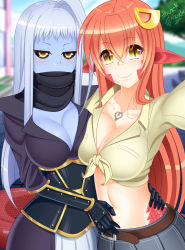 Rule 34 | 2girls, absurdres, ahoge, artist name, belt, black scarf, black sclera, blacksaikou, blue hair, blue skin, blurry, blurry background, breasts, cleavage, collarbone, colored sclera, colored skin, commentary, day, gauntlets, hair between eyes, hair ornament, hairclip, hand on another&#039;s waist, highres, jewelry, lala (monster musume), lamia, large breasts, long hair, looking at viewer, midriff, miia (monster musume), monster girl, monster musume no iru nichijou, multiple girls, necklace, outdoors, outstretched arm, pointy ears, reaching, reaching towards viewer, red hair, scales, scarf, shirt, skirt, slit pupils, smile, tied shirt, yellow eyes