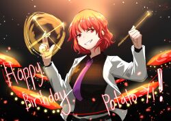 Rule 34 | 1girl, absurdres, black shirt, collared shirt, commentary, dated, drumsticks, english text, gift art, happy birthday, highres, holding, holding drumsticks, horikawa raiko, looking at viewer, necktie, purple necktie, red eyes, red hair, shirt, signature, smile, solo, touhou, upper body, v-shaped eyebrows, xen0moonz