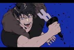 Rule 34 | 1boy, :d, black border, black hair, black shirt, blue background, blue eyes, border, closed eyes, crazy eyes, fighting stance, fushiguro touji, hair between eyes, highres, holding, holding sword, holding weapon, jokan ko, jujutsu kaisen, letterboxed, looking at viewer, male focus, monster, open mouth, scar, scar on face, shirt, short hair, short sleeves, simple background, smile, solo, sword, teeth, upper body, weapon