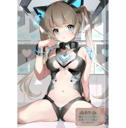 Rule 34 | 1girl, absurdres, almic, arm at side, black leotard, blue eyes, blush, breasts, chain, cleavage cutout, clothing cutout, collar, commentary request, extra ears, hand up, highres, leotard, light brown hair, long hair, looking at viewer, medium breasts, metal collar, moe2021, navel, original, robot ears, shoulder pads, sign, sitting, solo, stomach cutout, translation request, twintails, warning sign, wrist cuffs