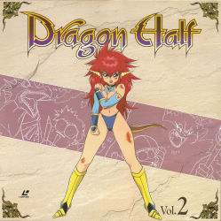 Rule 34 | 1990s (style), 1girl, :o, armored boots, boots, bracer, copyright name, cover, covering privates, covering breasts, dragon half, dragon horns, dragon tail, full body, hand on own shoulder, highres, horns, injury, knee boots, laserdisc cover, legs apart, mink (dragon half), navel, official art, open mouth, red eyes, red hair, retro artstyle, solo, standing, tail, torn clothes, yellow footwear