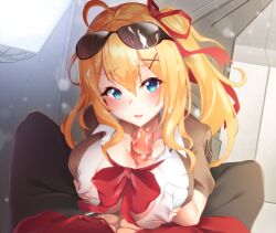 Rule 34 | 1boy, 1girl, ahoge, aqua eyes, blonde hair, blue eyes, blush, breasts, breasts squeezed together, censored, cleavage, collared shirt, commander (girls&#039; frontline), commentary, cum, cum on eyewear, cum on hair, cum on penis, dress shirt, eyewear on head, facial, girls&#039; frontline, gradient eyes, hair between eyes, hair ornament, hair ribbon, hairclip, hetero, kalina (girls&#039; frontline), large breasts, long hair, looking at viewer, maze yuri, mosaic censoring, multicolored eyes, open clothes, open shirt, orange hair, paizuri, paizuri under clothes, penis, pov, pov crotch, red ribbon, red shirt, ribbon, shirt, side ponytail, smile, solo focus, sunglasses, white shirt, x hair ornament