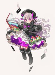 Rule 34 | 10s, 1girl, ace (playing card), ace of clubs, ace of diamonds, ace of hearts, alice in wonderland, beret, black capelet, black dress, black footwear, black hat, black ribbon, blush, book, boots, capelet, card, closed mouth, club (shape), collar, colored eyelashes, commentary request, diamond (shape), doll joints, dress, fate/extra, fate/grand order, fate (series), food print, frilled boots, frilled collar, frilled dress, frilled sleeves, frills, full body, fur-trimmed capelet, fur trim, gothic lolita, grey background, hair ribbon, hat, heart, highres, joints, knee boots, lolita fashion, long hair, long sleeves, looking at viewer, mushroom print, nursery rhyme (fate), open book, outstretched arm, petticoat, playing card, purple eyes, ribbon, silver hair, simple background, solo, striped ribbon, tenobe, very long hair