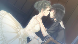Rule 34 | 2girls, alternate hairstyle, black hair, bracelet, brown hair, dress, closed eyes, flowers (innocent grey), from side, game cg, gown, hair ornament, hair up, hairclip, hands on another&#039;s shoulders, imminent kiss, jewelry, leaning forward, long sleeves, mole, multiple girls, official art, profile, school uniform, see-through, short hair, short sleeves, sitting, sugina miki, takasaki chidori, tiara, white dress, yaegaki erika, yuri