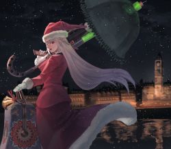 Rule 34 | 1girl, bag, bell, clock, clock tower, fate/grand order, fate (series), florence nightingale (fate), florence nightingale (santa) (fate), from behind, gloves, hat, highres, london, long hair, makitoshi0316, night, night sky, over shoulder, pink hair, red eyes, santa hat, sky, snow, solo, tower, umbrella gun, weapon, weapon over shoulder, white gloves