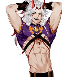 Rule 34 | 1boy, abs, arataki itto, body markings, bodypaint, bracelet, choker, eriimyon, genshin impact, gloves, highres, horns, jewelry, licking lips, long hair, male focus, midriff, navel, oni, oni horns, red eyes, red horns, sleeveless, solo, spiked bracelet, spiked choker, spikes, tongue, tongue out, twitter username, white background, white hair