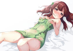 Rule 34 | 1girl, bare arms, bare shoulders, bed sheet, blush, breasts, brown eyes, brown hair, closed mouth, clover hair ornament, collarbone, commentary request, four-leaf clover hair ornament, hair ornament, highres, idolmaster, idolmaster cinderella girls, idolmaster cinderella girls starlight stage, kuroba aki, looking at viewer, lying, medium breasts, naked towel, nose blush, ogata chieri, on back, sidelocks, solo, towel, twintails, wet, white background