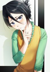 Rule 34 | 1girl, absurdres, black hair, bleach, blush, closed mouth, commentary, dated, english commentary, finger to mouth, green shirt, hair between eyes, hairstyle request, highres, jewelry, kuchiki rukia, looking at viewer, necklace, orange sweater vest, purple eyes, shirt, short hair, signature, solo, sweater vest, waligner