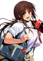 Rule 34 | &gt;:d, 1girl, :d, bag, black eyes, blush, brand name imitation, breasts, brown hair, brown ribbon, clothes around waist, coca-cola, fang, from side, gen (black factory), hair ribbon, highres, large breasts, long hair, looking at viewer, looking to the side, low ponytail, open mouth, original, ponytail, ribbon, school uniform, shirt, shoulder bag, sidelocks, smile, solo, sweater, sweater around waist, unaligned breasts, uniform, upper body, v-shaped eyebrows, white shirt