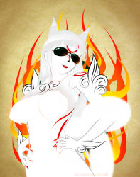 Rule 34 | 1girl, amaterasu (ookami), animal ears, breasts, deliciousorange, facial mark, fingernails, fire, fire, fur, hands on own hips, hime cut, large breasts, lips, lipstick, long fingernails, long hair, makeup, nail polish, no nipples, nude, ookami (game), personification, silver hair, solo, sunglasses, tail, watermark, web address, wolf ears, wolf tail