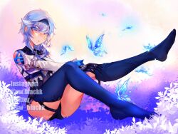 Rule 34 | 1girl, bare shoulders, black gloves, black hairband, black shorts, blue hair, blue thighhighs, breasts, clothing cutout, commentary, crystalfly (genshin impact), eula (genshin impact), genshin impact, gloves, hair between eyes, hairband, high-waist shorts, highres, juliet sleeves, long hair, long sleeves, looking at viewer, medium breasts, no shoes, puffy sleeves, shirt, short shorts, shorts, shoulder cutout, sitting, solo, sweety black, thighhighs, thighs, white shirt, yellow eyes