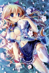 Rule 34 | 1girl, artist request, blonde hair, blue eyes, blush, breasts, cleavage, dengeki hime, fiorelia inbrulia, flower, large breasts, long hair, looking at viewer, lying, mercuria, navel, open clothes, open shirt, panties, pantyshot, partially submerged, shirt, skirt, solo, underwear, upskirt, water, wristband