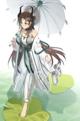 Rule 34 | 1girl, arknights, bare shoulders, barefoot, brown eyes, brown hair, coat, commentary request, highres, holding, holding umbrella, horns, jieyun (arknights), jieyun (away from dust) (arknights), liang chan xing make tu, lily pad, long hair, off shoulder, pants, solo, standing, strapless, tube top, umbrella, very long hair, white coat, white pants