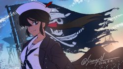 Rule 34 | 1girl, black coat, black eyes, black hair, black neckerchief, blouse, bow, coat, dark-skinned female, dark skin, dated, dixie cup hat, flag, girls und panzer, girls und panzer saishuushou, hair bow, hair over one eye, hat, hat feather, highres, jolly roger, long hair, long sleeves, looking at viewer, military hat, neckerchief, ogin (girls und panzer), ooarai naval school uniform, open clothes, open coat, pirate, ponytail, red bow, sailor, school uniform, shinmai (kyata), shirt, smile, solo, twitter username, upper body, white hat, white shirt