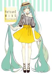 Rule 34 | 1girl, 2017, absurdly long hair, akakura, aqua eyes, aqua hair, character name, choker, cross-laced footwear, dated, food-themed hair ornament, full body, hair ornament, hand in own hair, hat, hatsune miku, index finger raised, licking lips, long hair, nail polish, off shoulder, shirt, short sleeves, skirt, solo, spring onion hair ornament, standing, striped clothes, striped shirt, tongue, tongue out, vertical-striped clothes, vertical-striped shirt, very long hair, vocaloid, white background, yellow skirt