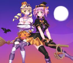 Rule 34 | 10s, 2girls, alternate breast size, bare shoulders, blonde hair, blush, breasts, broom, broom riding, cleavage, costume, crown, drill hair, hair ornament, hair ribbon, hairpin, halloween, hat, highres, huge breasts, jack-o&#039;-lantern, kaname madoka, mahou shoujo madoka magica, mahou shoujo madoka magica (anime), mizuumi (bb), multiple girls, open mouth, pink eyes, pink hair, ribbon, short hair, short twintails, skindentation, skirt, thighhighs, tomoe mami, twin drills, twintails, witch, witch hat, yellow eyes
