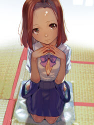Rule 34 | 1girl, blue skirt, bow, bowtie, breasts, brown eyes, brown hair, closed mouth, female focus, fingers together, forehead, looking at viewer, original, overall skirt, pleated skirt, purple bow, purple bowtie, school uniform, seiza, shirt, sitting, skirt, small breasts, smile, solo, soon (c-u-soon), strap slip, tatami, unbuttoned, unbuttoned shirt, white shirt