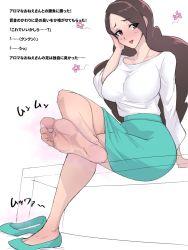 Rule 34 | 1girl, aroma lady (pokemon), blush, breasts, brown eyes, brown hair, creatures (company), crossed legs, feet, flats, game freak, hand on own cheek, hand on own face, large breasts, long hair, looking at viewer, nintendo, open mouth, pantyhose, pokemon, pokemon dppt, shiva (tairakuten), shoes, sitting, skirt, soles, steam, toe cleavage, toes, translated, unworn shoes