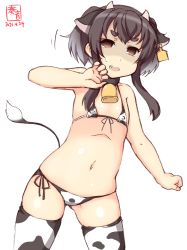 Rule 34 | 1girl, alternate costume, animal ears, animal print, artist logo, bell, bikini, black hair, brown eyes, commentary request, covered erect nipples, cow ears, cow horns, cow print, cow tail, cowbell, cowboy shot, dated, ear tag, fang, front-tie top, highres, horns, kanon (kurogane knights), kantai collection, micro bikini, one-hour drawing challenge, shaded face, short hair, short hair with long locks, sidelocks, simple background, solo, standing, swimsuit, tail, thick eyebrows, thighhighs, tokitsukaze (kancolle), white background, white bikini, white thighhighs