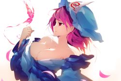 Rule 34 | 1girl, blue kimono, breasts, bug, butterfly, cherry blossoms, chiroru (cheese-roll), cleavage, closed mouth, hat, highres, bug, japanese clothes, kimono, large breasts, mob cap, obi, pink hair, profile, red eyes, saigyouji yuyuko, sash, simple background, smile, solo, touhou, triangular headpiece, upper body, white background