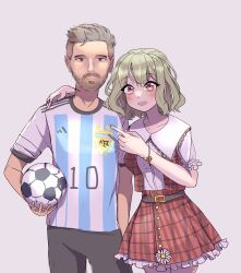 Rule 34 | 1boy, 1girl, 2022, 2022 fifa world cup, absurdres, age difference, argentina, argentine (nationality), argentinian flag, argentinian flag print, ball, beard, black shorts, blue shirt, blush, brown hair, collared shirt, commentary, facial hair, flag print, flower, frilled shirt collar, frills, green hair, happy, highres, holding, holding ball, kalejdodatabase, kazami yuuka, lionel messi, plaid, plaid skirt, plaid vest, real life, red eyes, red skirt, red vest, shirt, short hair, short sleeves, shorts, simple background, sketch, skirt, soccer, soccer ball, soccer uniform, sportswear, standing, striped clothes, striped shirt, touhou, vertical-striped clothes, vertical-striped shirt, vest, white background, white shirt, world cup