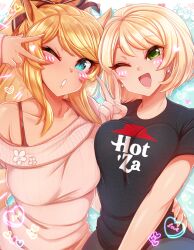 Rule 34 | 2girls, :d, ;o, animal ears, artist name, black shirt, blonde hair, blush, breasts, brown eyes, brown sweater, collarbone, cowboy shot, earrings, green eyes, hand up, heart, jewelry, large breasts, merunyaa, multiple girls, one eye closed, open mouth, original, ponytail, shirt, short sleeves, single bare shoulder, smile, sweater, v