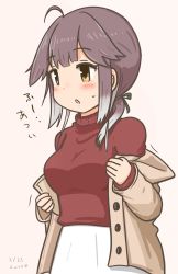 Rule 34 | 1girl, :o, ahoge, alternate costume, artist name, blush, breasts, commentary, curse (023), dated, hayanami (kancolle), highres, jacket, kantai collection, medium breasts, open clothes, open jacket, purple hair, red sweater, short ponytail, sidelocks, simple background, skirt, solo, sweatdrop, sweater, translated, white background, white skirt, yellow eyes