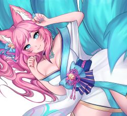 Rule 34 | 1girl, ahri (league of legends), animal ear fluff, animal ears, artist name, bare shoulders, bell, blue bow, blue eyes, blue nails, blue tail, blush, bow, closed mouth, collarbone, eyelashes, facial mark, fangs, fangs out, fingernails, fox ears, fox girl, fox tail, hair bell, hair bow, hair ornament, highres, japanese clothes, kimono, kitsune, league of legends, long eyelashes, long fingernails, long hair, multiple tails, nail polish, ny4ncy, paw pose, pink hair, sharp fingernails, slit pupils, smile, solo, spirit blossom (league of legends), spirit blossom ahri, tail, very long fingernails, whisker markings