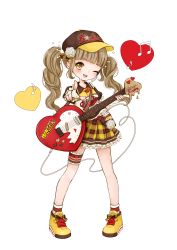Rule 34 | 1girl, absurdres, baseball jersey, beamed eighth notes, blunt bangs, brown hair, electric guitar, fingerless gloves, frilled skirt, frills, full body, gloves, guitar, hair ornament, heart, highres, instrument, jersey, long hair, milk carton, mnmktn, musical note, official art, pointing, pointing at viewer, shoes, sixteenth note, skirt, sneakers, snowflake hair ornament, socks, solo, sticker, sweet jet yukico-tan, thigh strap, transparent background, twintails, white gloves, yellow eyes, yellow footwear, yukico-tan, yukijirushi