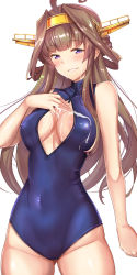 Rule 34 | 10s, 1girl, ahoge, blue one-piece swimsuit, breasts, brown hair, cleavage cutout, clothing cutout, covered navel, cowboy shot, cum, cum on body, cum on breasts, cum on upper body, double bun, covered erect nipples, facial, front zipper swimsuit, headgear, highres, inverted nipples, kantai collection, kongou (kancolle), long hair, looking at viewer, meme attire, nipples, one-piece swimsuit, parted lips, purple eyes, simple background, solo, standing, swimsuit, untue, white background, zipper