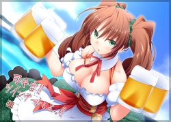 Rule 34 | absurdres, alcohol, alternate costume, beer, beer mug, breasts, brown hair, check commentary, cleavage, commentary request, cup, dress, drinking glass, formation girls, german clothes, green eyes, highres, josephine priller, kaneda mitsuko, large breasts, maid, mug, sleeveless, sleeveless dress, twintails