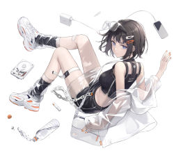 Rule 34 | 1girl, bag, bandaid, black hair, blue eyes, bottle, cellphone, charger, floating, glasses, hair ornament, hairclip, handbag, hard drive, highres, iphone, looking at viewer, looking back, lying, midair, midriff, nail polish, off shoulder, on back, orange nails, original, phone, see-through, shoes, short hair, simple background, skirt, smartphone, sneakers, solo, sugai (4ugaii), thigh strap, water, water bottle, white background