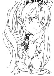 Rule 34 | 1girl, agahari, frey (rune factory), greyscale, hand on own face, head rest, long hair, looking at viewer, monochrome, rune factory, rune factory 4, simple background, smile, solo, upper body, white background