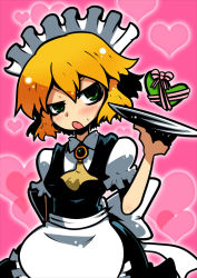 Rule 34 | 1girl, 221 (tsutsuichi), alternate costume, apron, ascot, black dress, blonde hair, blush, breasts, collared shirt, commentary request, cowboy shot, dress, enmaided, frilled apron, frills, green eyes, heart, heart background, holding, holding tray, looking at viewer, maid, maid headdress, mizuhashi parsee, open mouth, pink background, puffy sleeves, shirt, short hair, short sleeves, small breasts, solo, touhou, tray, waist apron, waitress, white apron, white shirt, yellow ascot