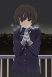 Rule 34 | 1girl, blue eyes, brown hair, city, coat, gloves, looking at viewer, mattaku mousuke, night, night sky, original, own hands together, pleated skirt, railing, scarf, short hair, skirt, sky, smile, solo, winter clothes, winter coat