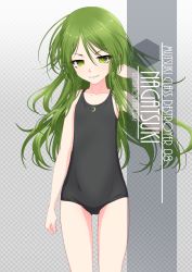 Rule 34 | 1girl, artist name, black one-piece swimsuit, black school swimsuit, blush, character name, checkered background, collarbone, commentary request, cowboy shot, crescent, eyes visible through hair, flat chest, gradient background, green eyes, green hair, grey background, hair between eyes, highres, inaba shiki, kantai collection, logo, long hair, nagatsuki (kancolle), new school swimsuit, one-hour drawing challenge, one-piece swimsuit, school swimsuit, smile, solo, standing, swimsuit