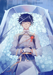 Rule 34 | 1boy, black hair, black sash, blue flower, broken glass, chinese clothes, choppy bangs, closed mouth, coffin, corsage, cowboy shot, facing viewer, flower, glass, gloves, half-closed eyes, highres, jacket, lapels, long sleeves, lying, male focus, male master (the tale of food), on back, own hands together, pants, red flower, sash, short hair, sleepy1292673668, solo, tangzhuang, the tale of food, unconscious, white gloves, white jacket, white pants