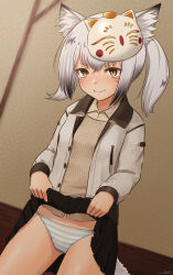 Rule 34 | 1girl, absurdres, animal ears, black skirt, brown eyes, closed mouth, collared shirt, commentary, cowboy shot, dutch angle, facial mark, final fantasy, final fantasy xiv, grey hair, grey sweater, highres, indoors, jacket, long sleeves, looking at viewer, mask, mask on head, medium hair, miniskirt, miqo&#039;te, open clothes, open jacket, panties, pleated skirt, shirt, sirokohi, skirt, smile, solo, standing, striped clothes, striped panties, sweater, twintails, underwear, whisker markings, white jacket, white shirt, wing collar