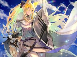 Rule 34 | 1girl, animal ear fluff, animal ears, arknights, arm guards, armor, belt, black bow, black gloves, blemishine (arknights), blonde hair, bow, cape, closed mouth, commentary, cowboy shot, faulds, full armor, fur-trimmed cape, fur trim, gloves, grey thighhighs, hair bow, haru torimaru, high ponytail, highres, holding, holding sword, holding weapon, horse ears, horse girl, horse tail, long hair, looking at viewer, shield, sidelocks, solo, sword, tail, thighhighs, weapon, white cape, yellow eyes