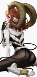 Rule 34 | 1girl, @ @, animal ears, arm support, ass, back, body fur, breasts, cosplay, dark young (fate), dark young (fate) (cosplay), demon girl, demon horns, fate/grand order, fate (series), female focus, fingernails, from behind, fujimaru ritsuka (female), galibo, goat ears, goat horns, goat legs, goat tail, hand on own face, highres, hooves, horns, kneeling, long fingernails, looking at viewer, looking back, medium breasts, monsterification, multiple tails, open mouth, orange hair, pink eyes, sharp fingernails, short hair, sideboob, simple background, solo, tail, tongue, tongue out, white background