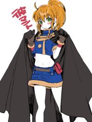 Rule 34 | 1girl, blush, brown hair, cape, gloves, green eyes, highres, long hair, looking at viewer, midriff, navel, ponytail, precis neumann, simple background, skirt, solo, star ocean, star ocean blue sphere, star ocean the second story, white background, ycco (estrella)