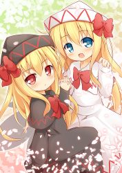 Rule 34 | 2girls, baku-p, black dress, blonde hair, blue eyes, bow, capelet, dress, dual persona, fairy wings, holding hands, hat, hat bow, interlocked fingers, jacket, lily black, lily white, long hair, long sleeves, looking at viewer, multiple girls, open clothes, open jacket, open mouth, petals, red eyes, smile, touhou, very long hair, white dress, wings