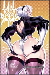 Rule 34 | 1girl, ass, ass grab, back cutout, blue eyes, clothing cutout, feather-trimmed sleeves, from behind, gloves, grabbing own ass, highres, justino barcelo, leotard, lips, nier (series), nier:automata, no blindfold, short hair, silver hair, solo, thick thighs, thighhighs, thighs, 2b (nier:automata)