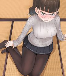 Rule 34 | 10s, 1girl, arm support, black pantyhose, blunt bangs, blush, breasts, brown eyes, brown hair, casual, embarrassed, from above, glasses, grey sweater, highres, indoors, kantai collection, large breasts, lips, long sleeves, looking at viewer, masukuza j, miniskirt, pantyhose, pince-nez, pleated skirt, ribbed sweater, roma (kancolle), short hair, sitting, skirt, solo, sweater, tatami, turtleneck, turtleneck sweater, wavy hair, wavy mouth