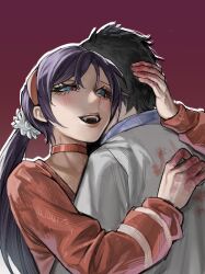 1boy 1girl absurdres black_hair blood blood_on_clothes blood_on_hands blue_eyes chinese_commentary choker commentary_request hairband heart heart-shaped_pupils highres long_hair low_twintails miside mita_(miside) open_mouth purple_hair red_background red_choker red_hairband red_sweater sharp_teeth shirt short_hair simple_background smile sweater symbol-shaped_pupils teeth twintails upper_body white_shirt wtlong_han yandere